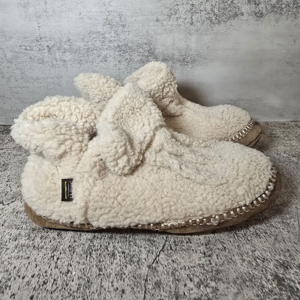 LL Bean Cozy Slippers Cream Pile Fleece Sherpa Comfort Booties Kids Sz 5-6